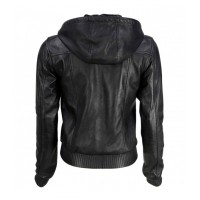 BLACK HOODED BOMBER LAMBSKIN LEATHER JACKET